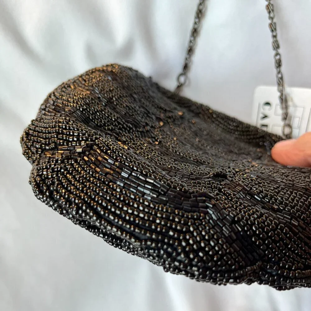 Carlo Fellini Black Formal Evening Bag Detailed Beadwork Clutch w  Chain NWT